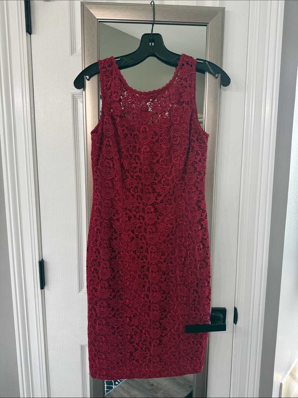 White House black market Sleeveless Lace Sheath Dress in Deep Red